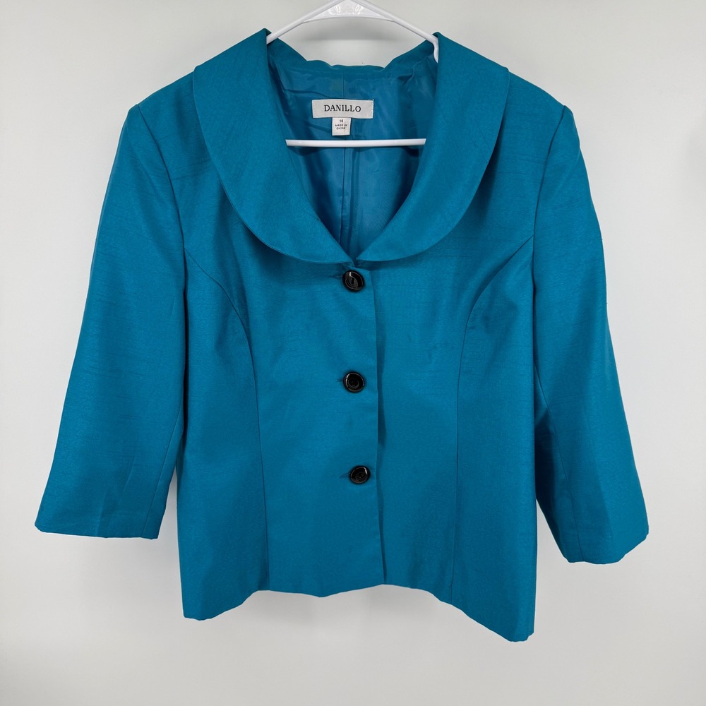Danillo Womens‎ Teal Blue Shawl Collar 3/4 Sleeve Button Front Blazer Jacket 14